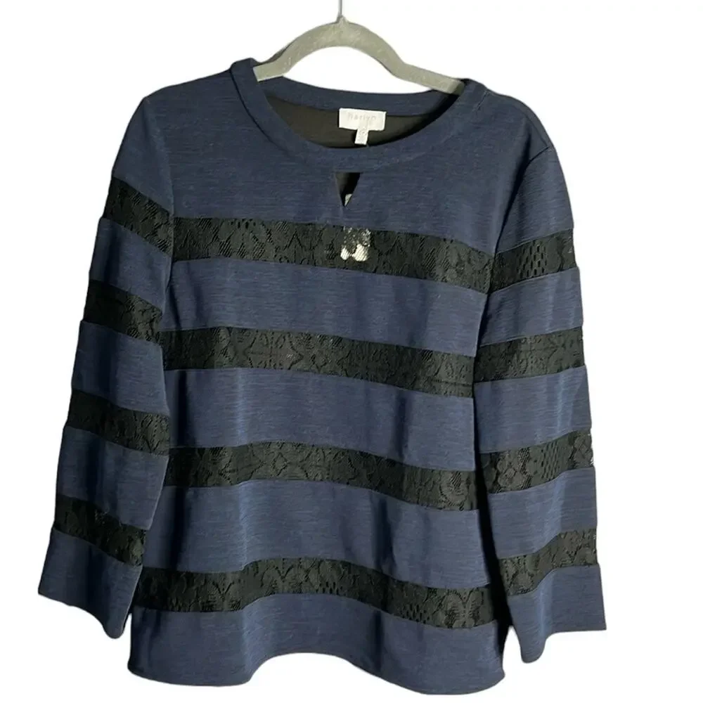 Anthropologie Harlyn Navy Blue Black Lace Long Sleeve Top Medium
